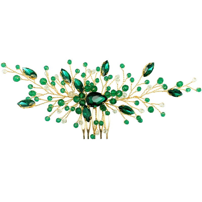 BETITETO Bride Wedding Hair Comb Green Crystal Golden Bridal Hair Vine Piece Accessories for Women Girls Party Photography (Green) - Image 3